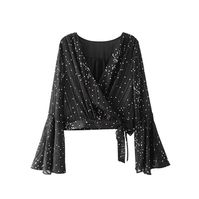 

Roseonmyhand 2018 Womens V-neck polka dot black flare sleeve blouse