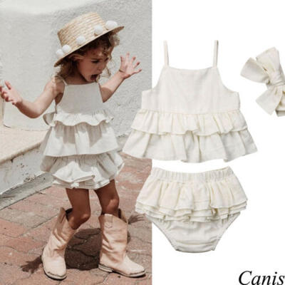 

US Toddler Kids Baby Girl Summer Clothes Headband Ruffle Top Shorts 3Pcs Outfits