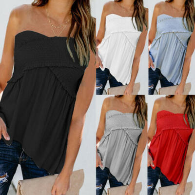 

Womens Sexy Strapless Bandeau Boob Tube Tops Ladies Summer Ruffle Blouse T-Shirt
