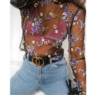 

Fashion Women&39s Summer Sexy Sheer Flower Long Sleeve Shirt Blouse Tops T-shirt B