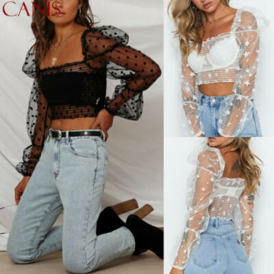 

Sexy Womens Sheer Mesh Crop Top Polka Dot Puff Sleeve Shirt Blouse Fashion