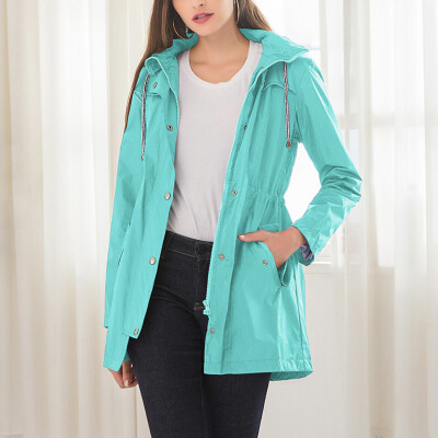 

Womens Solid Hooded Tie Waist Jacket Wind Waterproof Rain Long Coat Outdoor