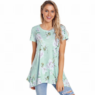 

Round neck short sleeve floral print side shirt retro top