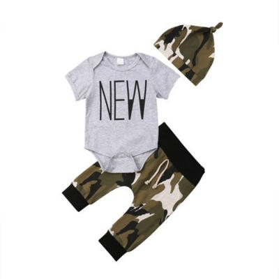 

Newborn Infant Baby Boy Short Sleeve Tops RomperCamo Pants Hat Outfits Set
