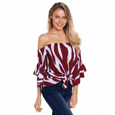 

One-neck trumpet seven-point sleeve vertical striped casual top
