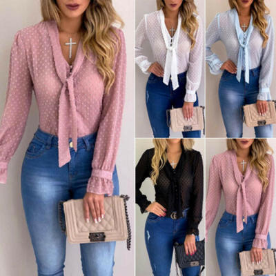 

US Women Girls Mesh Sheer Long Sleeve Top Office Shirt Blouse Tee Shirt With Tie
