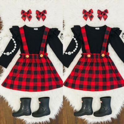 

Christmas Newborn Toddler Baby Girls Plaid Top Suspender Skirt Dress Set Clothes
