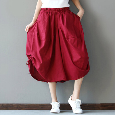 

Women Retro Print Elastic Loose Wide Leg Loose Cotton Linen Elastic Waist Seven Points Straight Casual Trousers