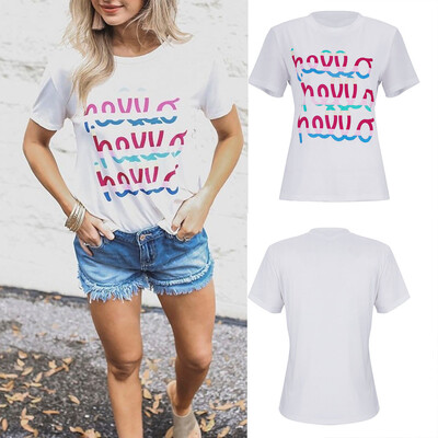 

Nomeni Fashion Women Letter Printed O-Neck Short Sleeve T-shirt Tops Casual Blouse