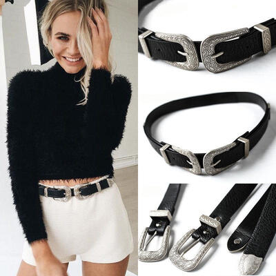 

2017 Fashion Women Ladies Vintage Retro Boho Leather Belt Double Metal Buckle Waist Belt Waistband