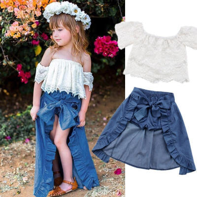 

Baby Girl Kid Lace Off-shoulder T-shirt Top Pants Dress Party Clothes Outfits