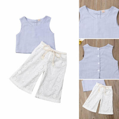 

US Toddler Kids Baby Girl Linen Tops Hollow Trousers Pants Summer Outfit Clothes