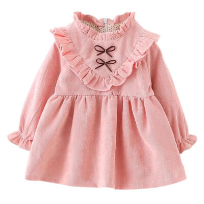 

Autumn Girls Kids Warm A-Line Dress Long Sleeve Solid Color Ruffle Clothes