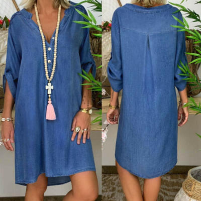 

Womens Denim Dress Summer Long Sleeve Casual Loose Top Mini Shirt Dress Hot Sale