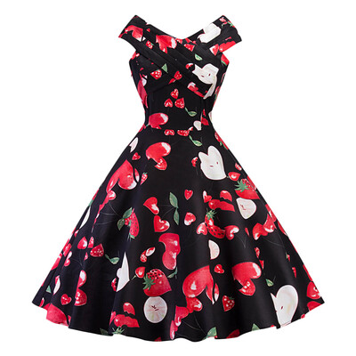 

Vintage V Neck Fruit Print Flare Dress
