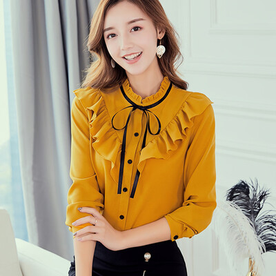 

Starmoon Women Work Office Long Sleeve Bow Tie Ruffles Solid Chiffon Blouse Tee Shirt Top