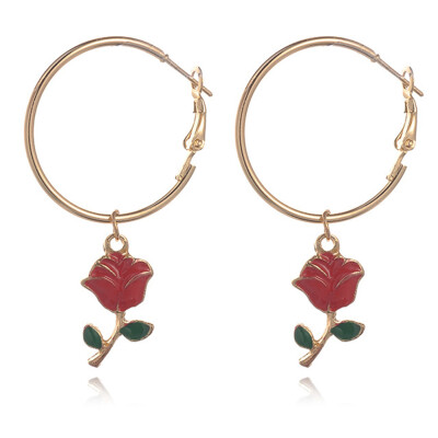 

Charms Rose Flower Crystal Hoop Earrings For Woman Cute Glaze Plant Earring Girl Gold Color Party Jewelry