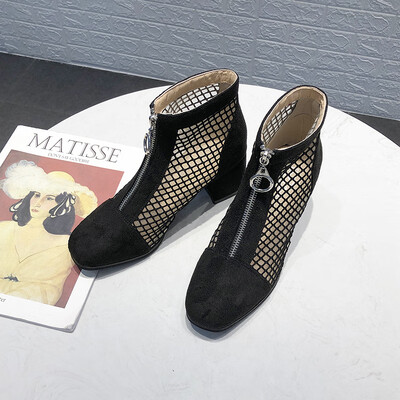 

Spring&summer Korean version of Joker round head thick with short boots chic personality front zipper net cloth shoes children