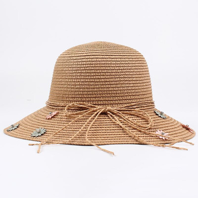 

Women Straw Hat Flower Beading Bow Foldable Sweet Elegant Sun Summer Holiday Beach Vacation Cap