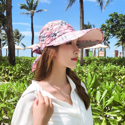 

Spring&summer plaid retractable pull-plate cap baseball cap with outdoor riding hat womens sun protection empty top hat