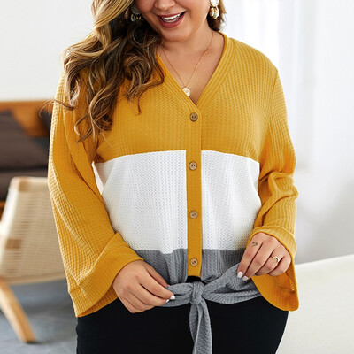 

Gobestart Womens Fashion Plus Size Stitching Button Knot Long Sleeve Top Sweater