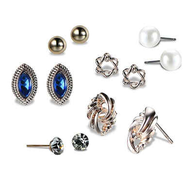 

Modern Metal Winding White Pearl Blue Gemstone Eye Shape Bling Crystal Women Ear Studs Set