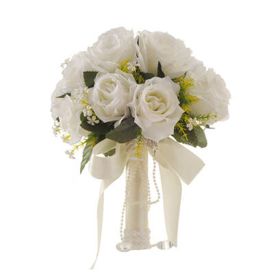 

White Artificial Foam Roses Hand Flowers Sweet Wedding Bouquet Bridal Flower with Lace&Pearl White Wedding Supplies