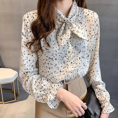 

2019 Cute Women Blouse Chiffon Shirt Lace Up Collar Bow Long Sleeve Top White Pink Autumn Blouses Plus Size