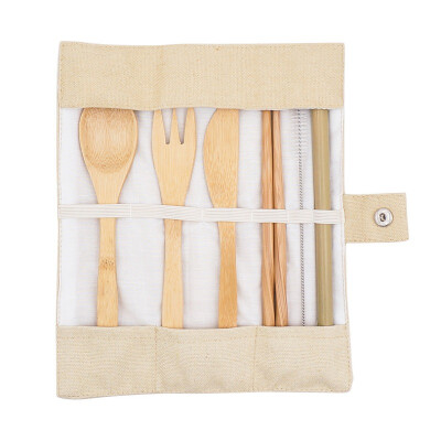 

7PcsSet Wooden Bamboo Straw Covered With Cloth Bag Knives Fork Spoon Chopsticks Bamboo Travel Cutlery Set