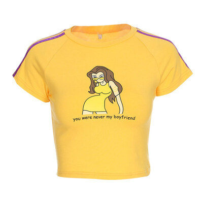 

New Fashion Cropped Cartoon Print Cotton t shirt Women Summer O-neck Knitted T-shirt Sexy Slim Waist Casual t shirt women