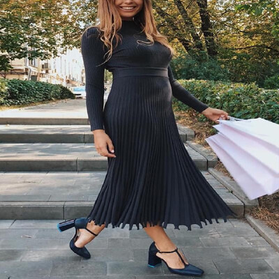 

Stretch Solid Long Sleeve Mock Neck Ribbed Trim Knit Midi Skater Dress
