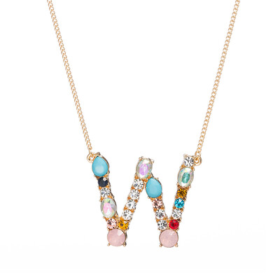 

A-Z Capital Letter Pendant Colorful Rhinestone Inlaid Women Necklace Jewelry