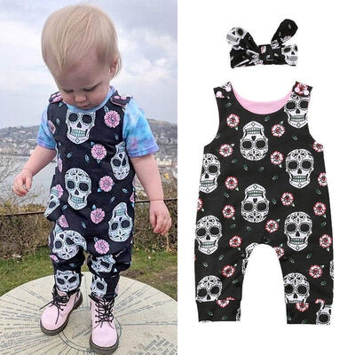 

2PCS Halloween Costumes Kids Fashion Newborn Baby Boys Girls Skull Romper Jumpsuit Headband Outfits Clothes