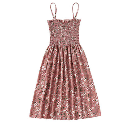 

Womens Ruched Floral Print Spaghetti Strap Sweet A-Line Dress