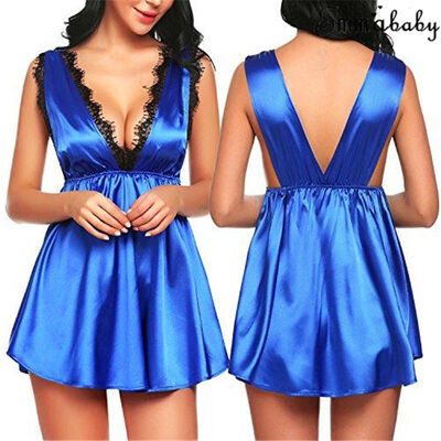 

Women Sexy Silk Satin Lace Sleepwear Babydoll Lingerie Nightdress Pajamas Set