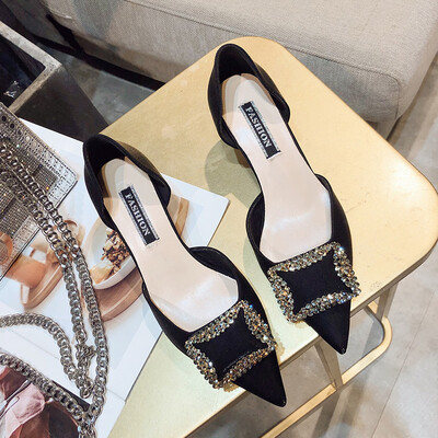 

Spring&summer 2019 Joker new girls hollow Baotou sandals net red rhinestone French high heels women thin heel tip