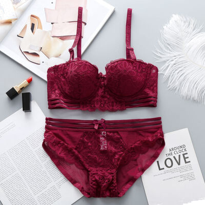 

Sexy Women Lace Flora Bras Briefs Sets Push Up Half Cup Underwear Bras Bow Twist Seamless Panties Suits Breathable Intimates Set