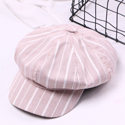 

Hat womens spring&summer cotton striped octagonal hat students casual lying hat pure color artist hat tide
