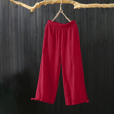 

Plus Size Women Pure Color Tightness Wide Leg Pants Pocket Drawstring Trousers