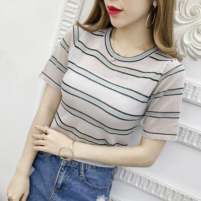 

Casual Womens Casual O Neck Striped Short Sleeve Thin Perspective Knitted Pullover T-Shirt