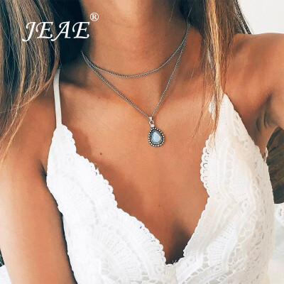 

JEAE Simple Multilayer Long Pendant Necklace For Women Boho Vintage Silver Resin Water Drop Pendant Collar Choker Necklaces Set