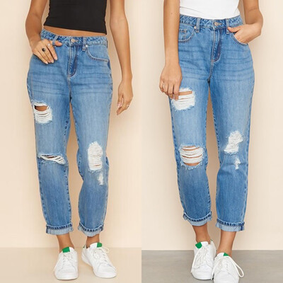 

Gobestart Fashion Womens High Waist Hole Pocket Button Zipper Denim Slim Fit Jeans Pants