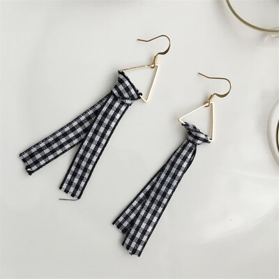 

EK364 New Personality Fashion DIY Cute Cross Grid Bow Hollow Triangle Cloth Drop Earring For Women Jewelry Long Ribbon Brincos