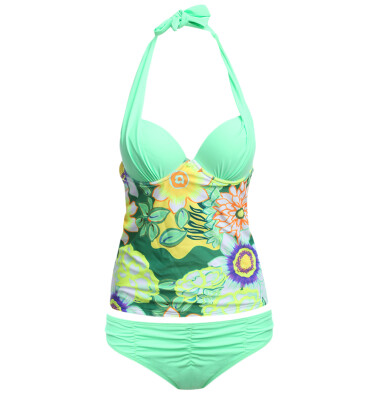 

Sexy Halter Tie Floral Print Color Blocking Spliced Wire Swimsuit for Women