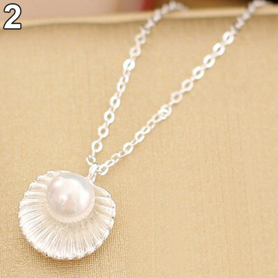 

Women\s Elegant Faux Pearl Shell Charm Polished Necklace Gift Fashion Jewelry