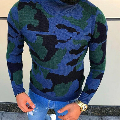 

Mens Long Sleeve Camouflage Pullover Turtleneck Knit Casual Top Turtleneck O-Neck Sweater
