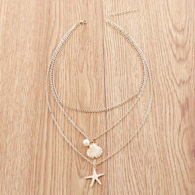 

Bohemian Necklace Women Chain Starfish Shell pearl 3-Layers Necklace For Women Gold Pendant Women 2019 beach