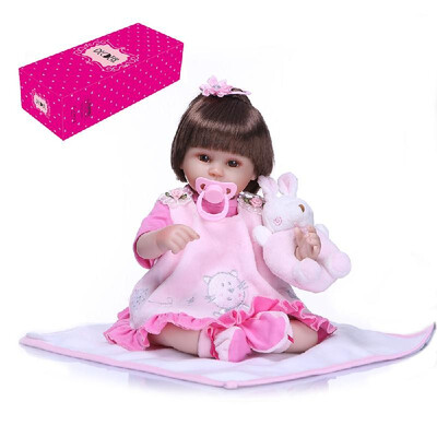 

Decdeal 16inch 40cm Reborn Baby Doll Lifelike Eyes Open Silicone Vinyl Cute Gifts Toy Pink Outfit with Lovely Cat Dress Rabbit Toy