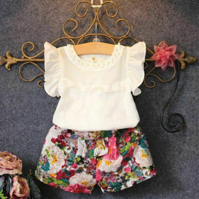 

2pcs Princess Toddler Kid Baby Girl Clothes Floral Ruffle T Shirt Tops Shorts Outfits Set Summer Clothes