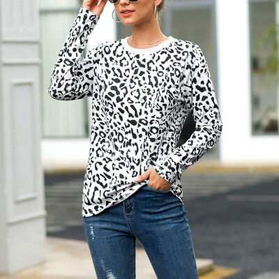 

Office Lady T-shirt Autumn And Winter Sexy Leopard Print Top Loose Female Casual Long-sleeved Round Neck -2XL Womens Tee